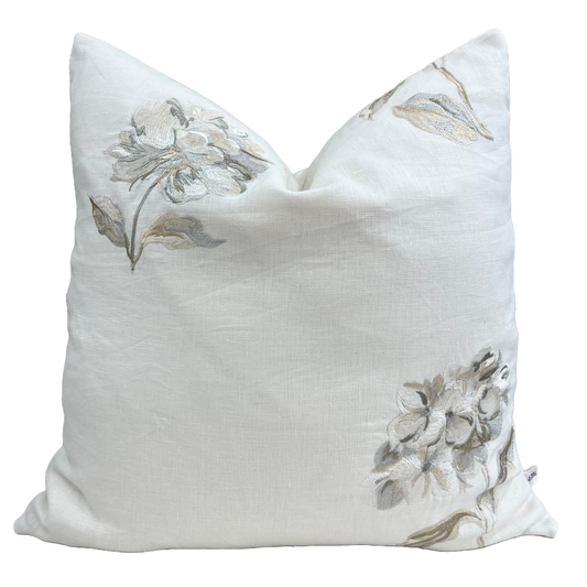 Jane Churchill Luxury Designer Cream Linen Embroidered Floral Fabric Cushion Pillow Cover