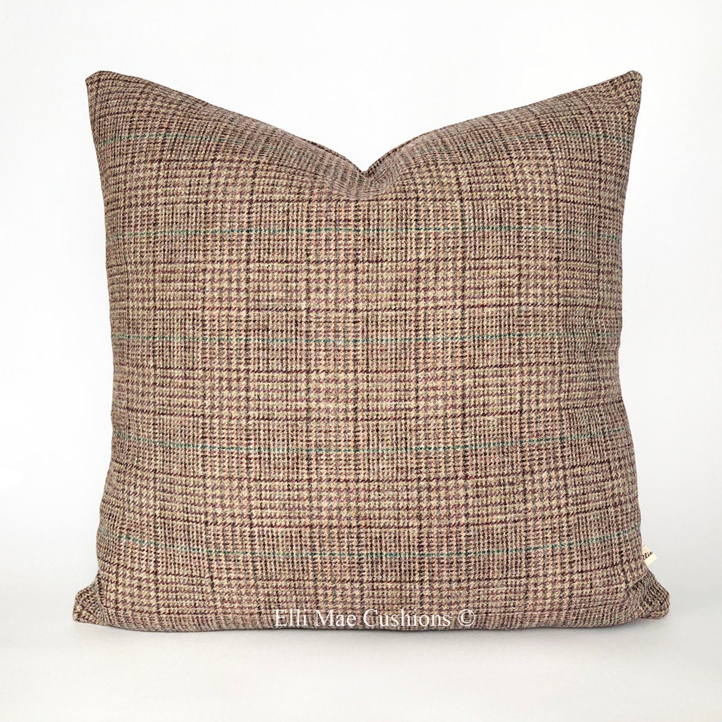 Luxury Designer Checked Mauve Burgundy Wool Cushion Sofa Throw Pillow
