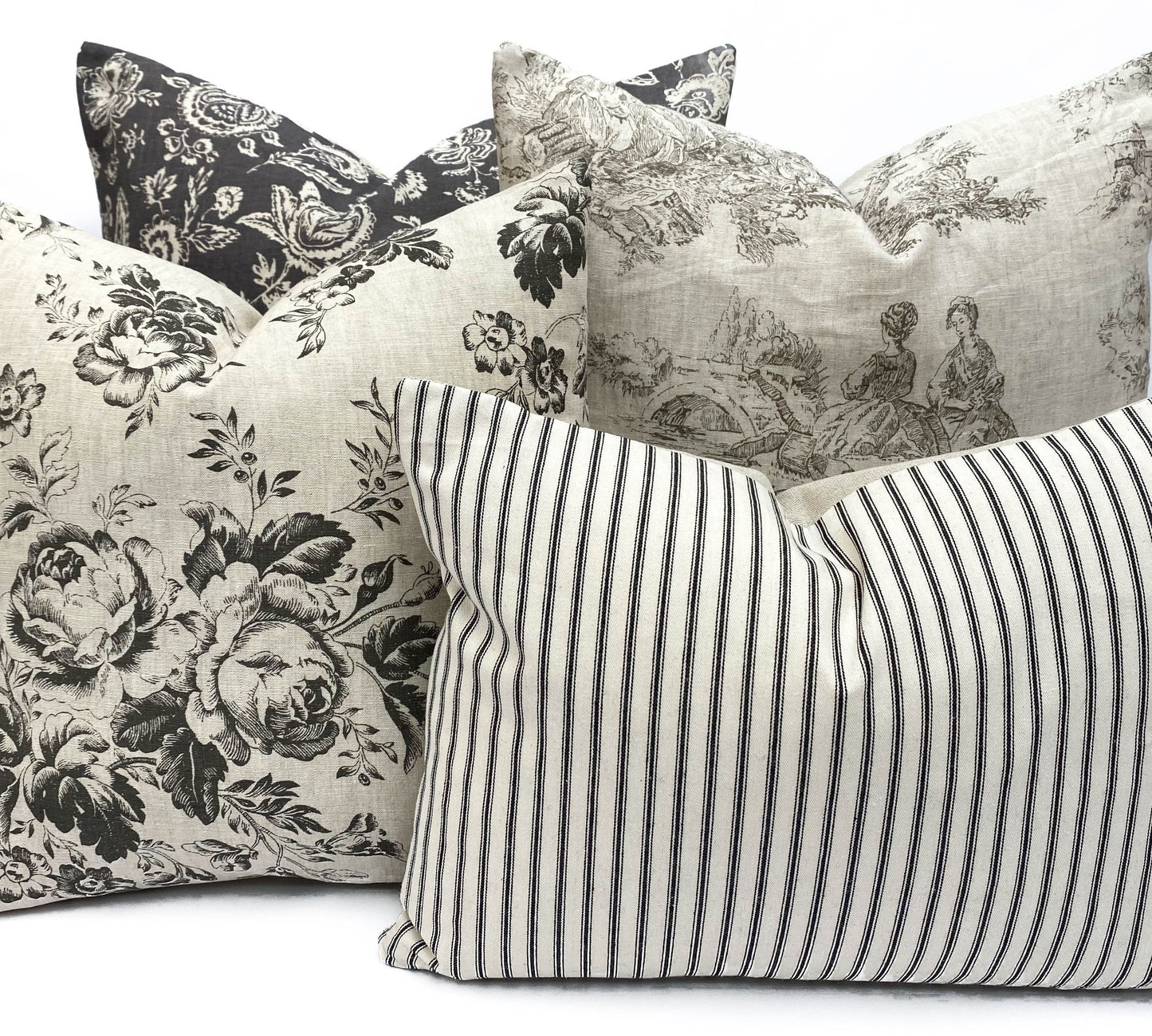 Cabbages and Roses Designer Linen Toile de Poulet Grey Sofa Cushion Pillow Cover
