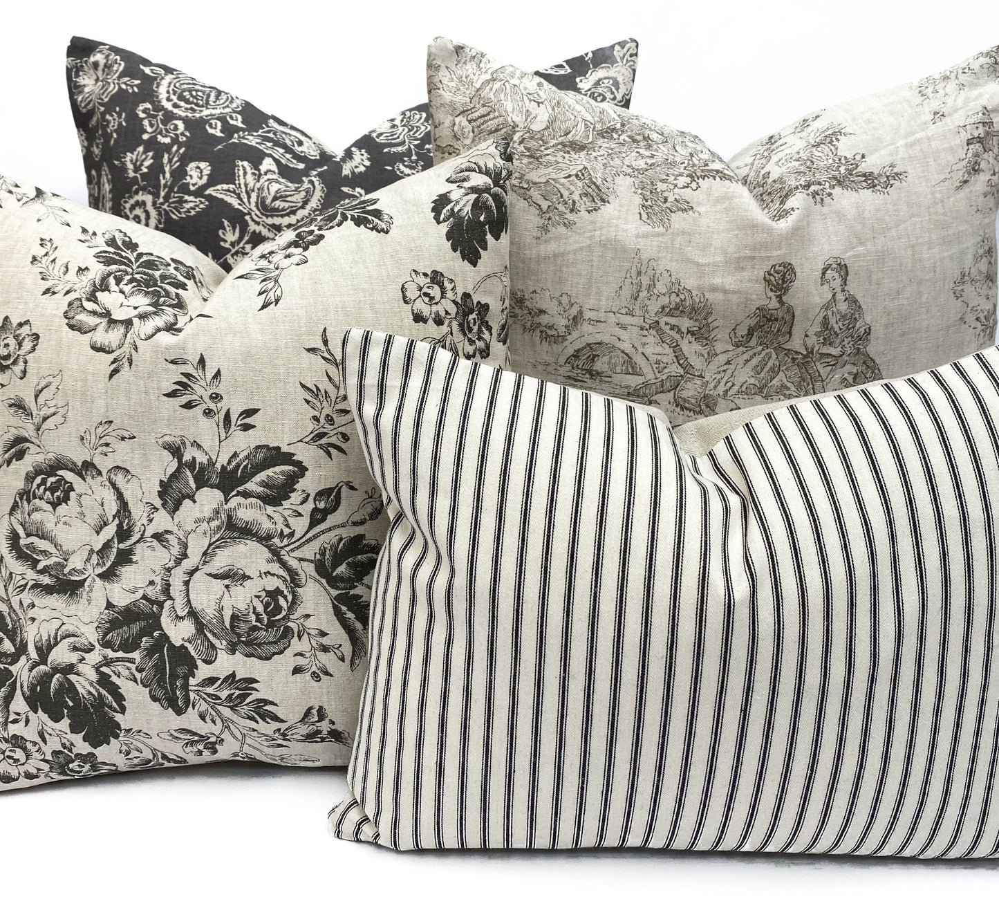 Cabbages and Roses Designer Linen Toile de Poulet Grey Sofa Cushion Pillow Cover