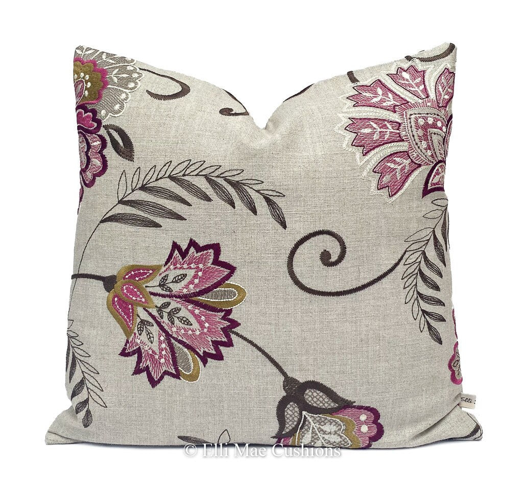 Clarke & Clarke Bukhara Red Pink Floral Embroidered Linen Cushion Pillow Cover
