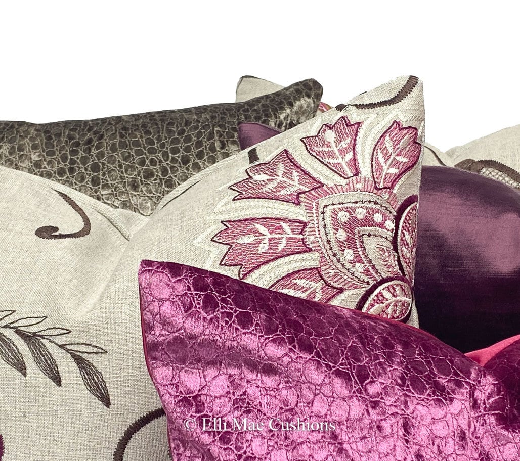 Clarke & Clarke Bukhara Red Pink Floral Embroidered Linen Cushion Pillow Cover