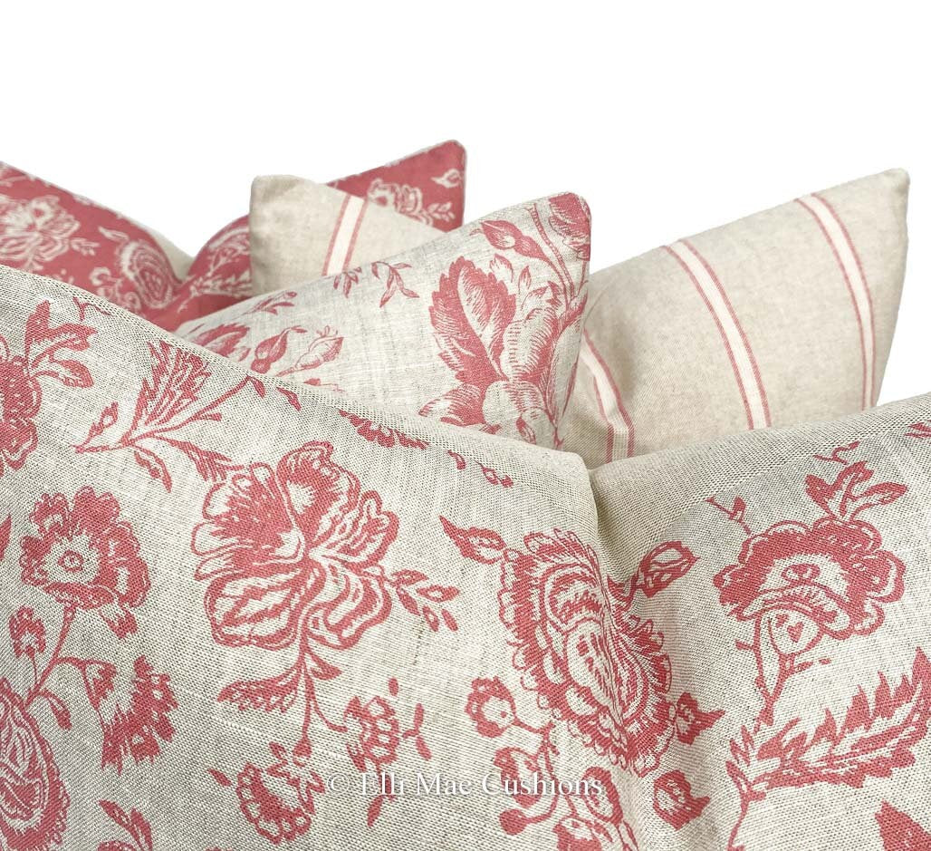 Cabbages and Roses Provence Toile Raspberry Designer Fabric Cushion Pillow Cover