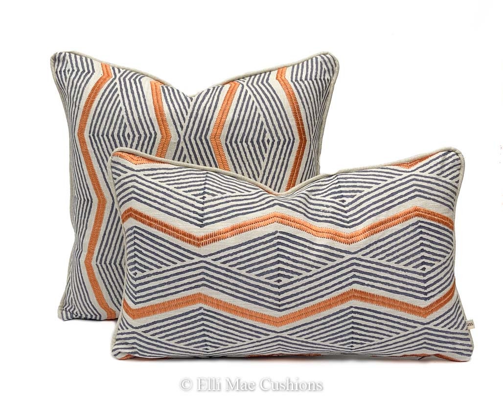 Jane Churchill Zhiri Embroidered Zig Zag Blue Orange Contemporary Cushion Cover
