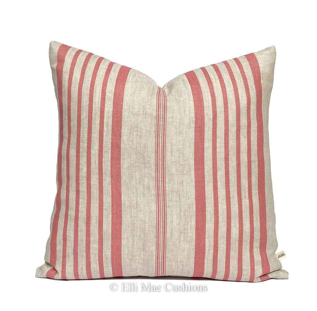 Cabbages and Roses Jolly Stripe Raspberry Designer Linen Fabric Cushion Pillow Cover