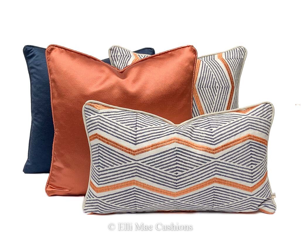 Jane Churchill Zhiri Embroidered Zig Zag Blue Orange Contemporary Cushion Cover