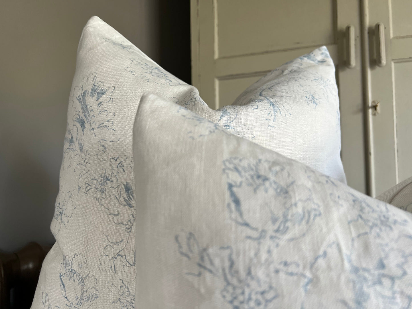 Cabbages and Roses Meggernie Vintage Blue White Linen Designer Cushion Pillow Cover