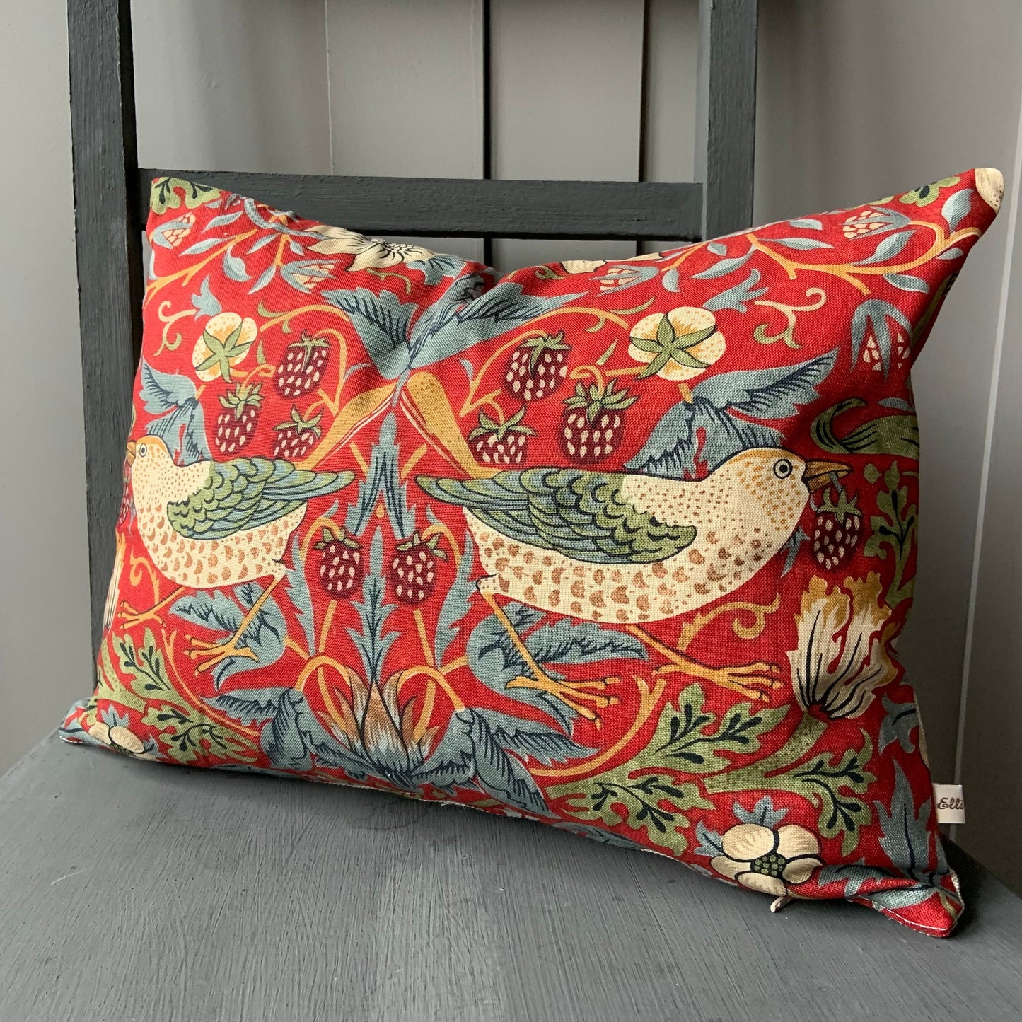 William Morris Fabric Cushion Cover Strawberry Thief Crimson Red Slate Vintage Designer Sofa Throw Pillow