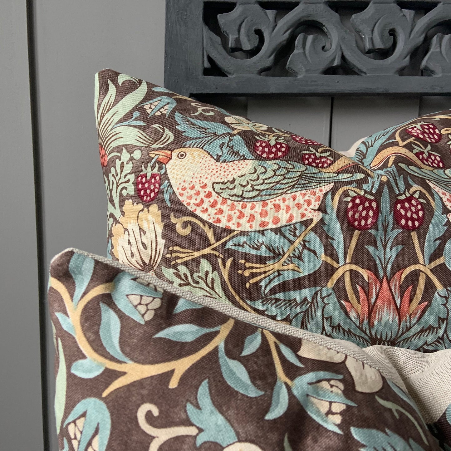 William Morris Fabric Cushion Cover Strawberry Thief Brown Sage Vintage Designer Sofa Throw Pillow