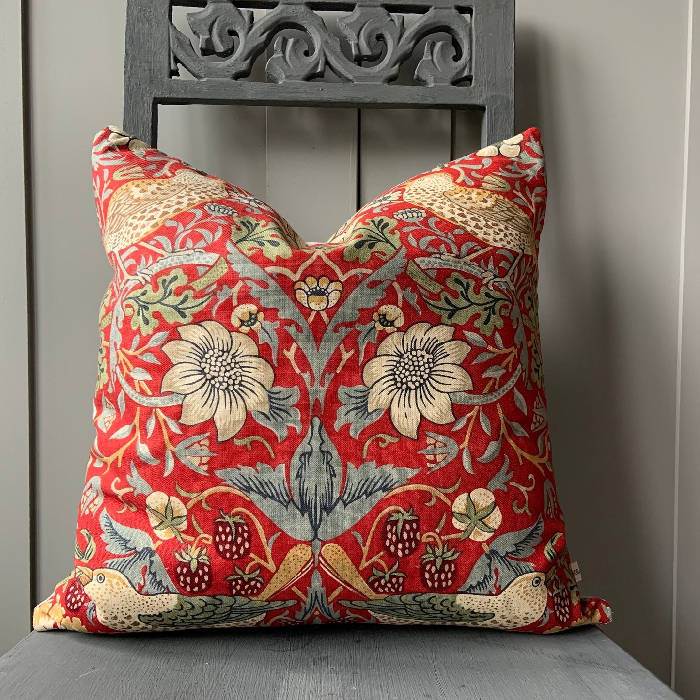 William Morris Fabric Cushion Cover Strawberry Thief Crimson Red Slate Vintage Designer Sofa Throw Pillow