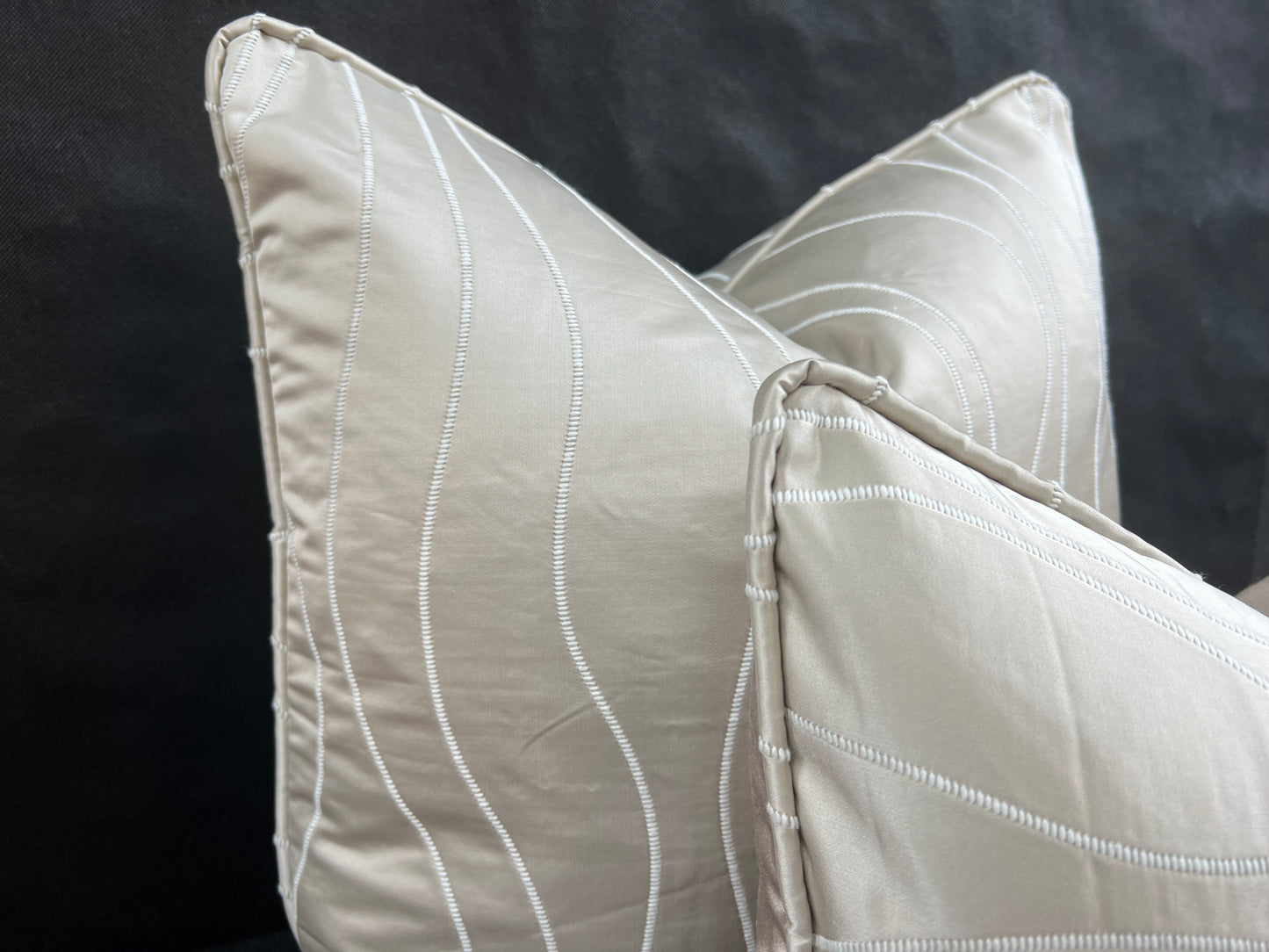 Luxury Designer Taupe Beige Neutral Contemporary Satin Wavy Striped Fabric Cushion Pillow Cover