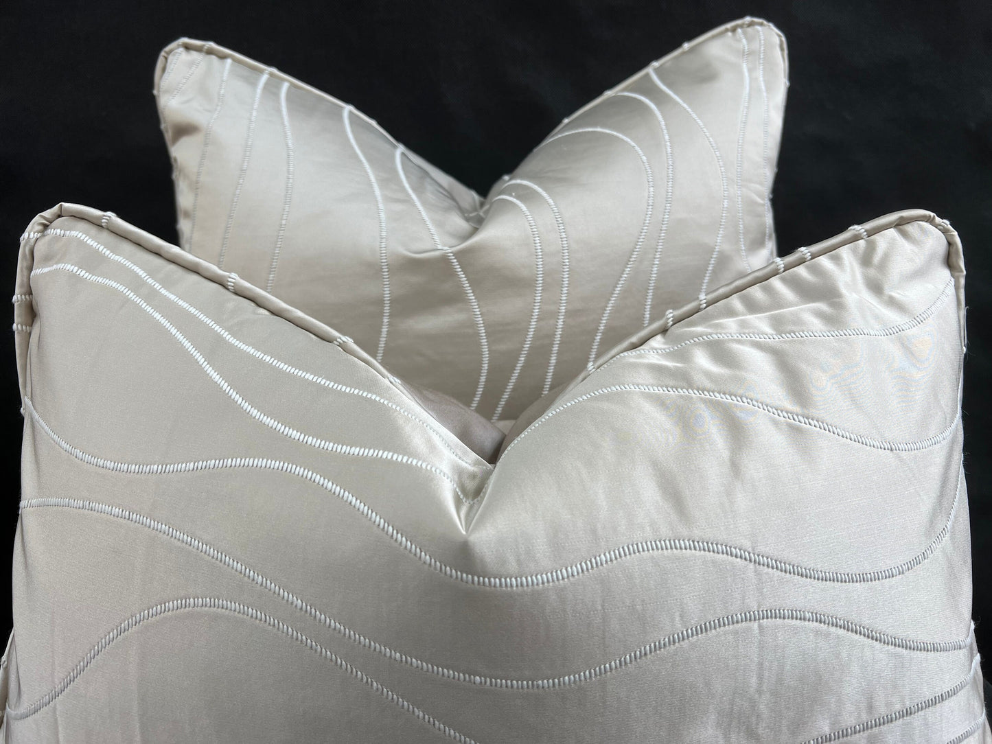 Luxury Designer Taupe Beige Neutral Contemporary Satin Wavy Striped Fabric Cushion Pillow Cover