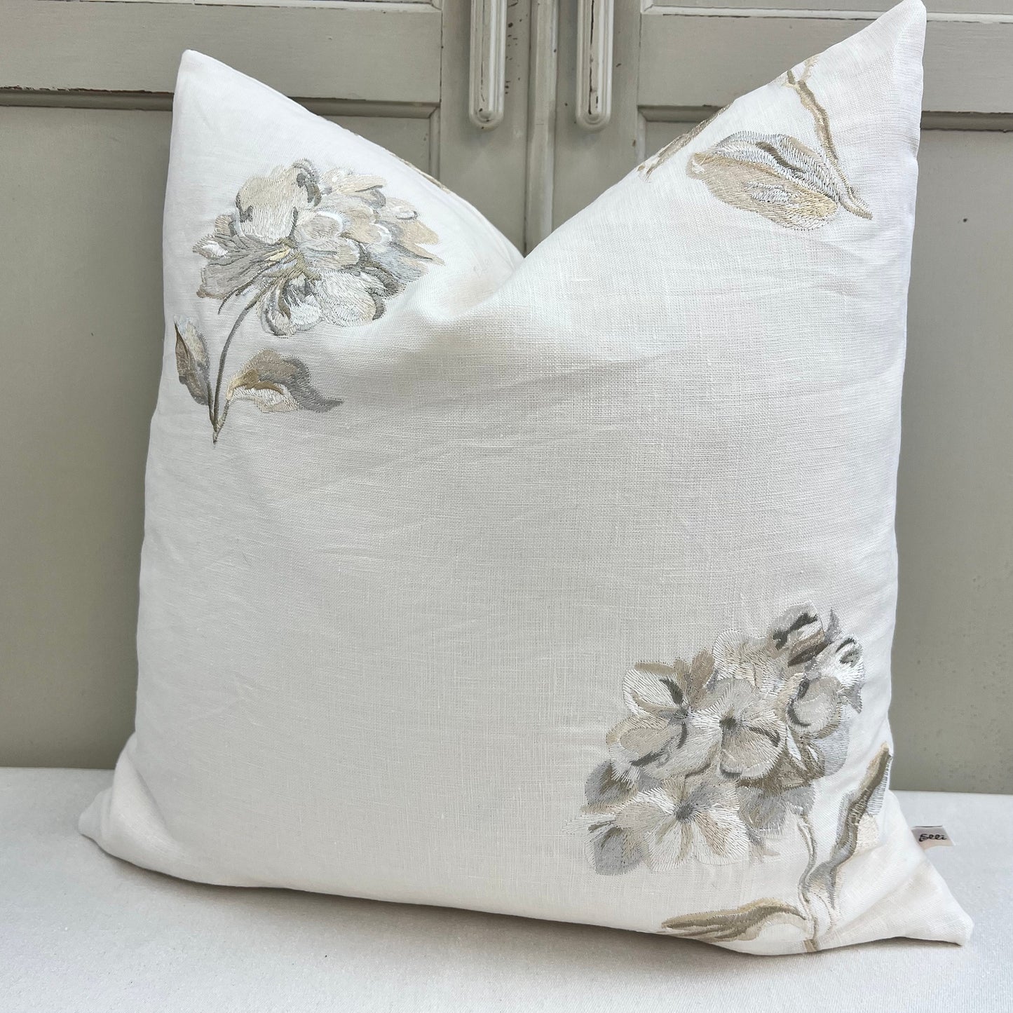 Jane Churchill Luxury Designer Cream Linen Embroidered Floral Fabric Cushion Pillow Cover