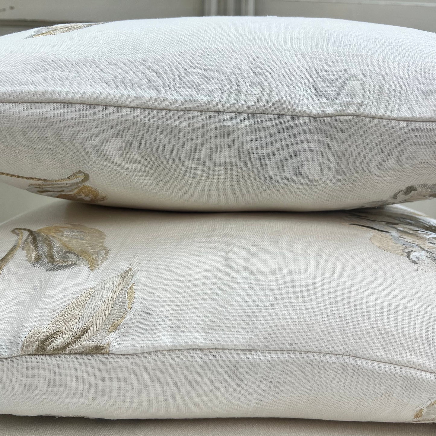 Jane Churchill Luxury Designer Cream Linen Embroidered Floral Fabric Cushion Pillow Cover