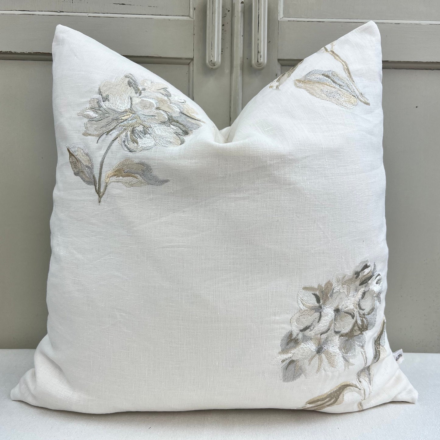 Jane Churchill Luxury Designer Cream Linen Embroidered Floral Fabric Cushion Pillow Cover