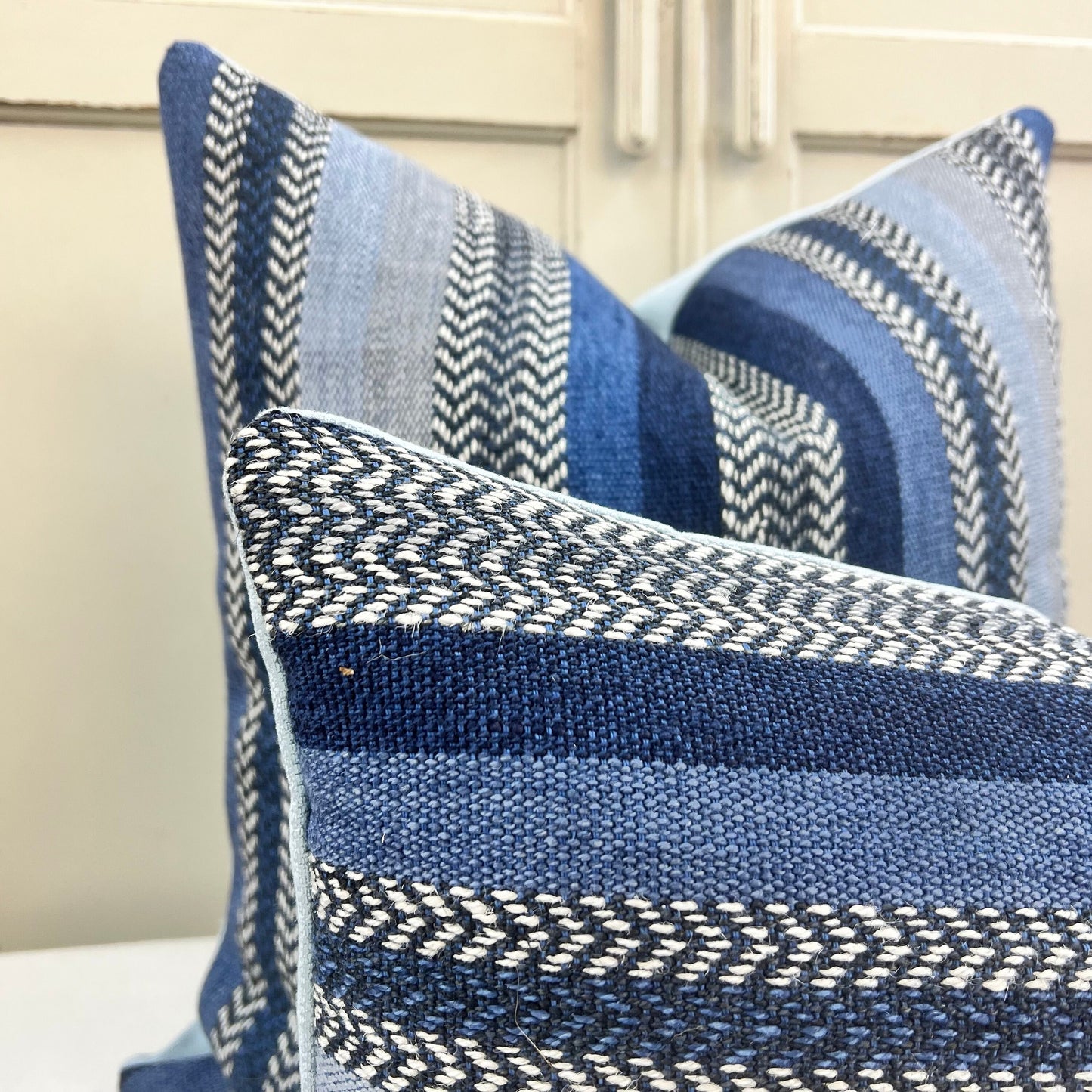 William Yeoward Striped Blue Grey Weave Fabric Cushion Pillow Cover
