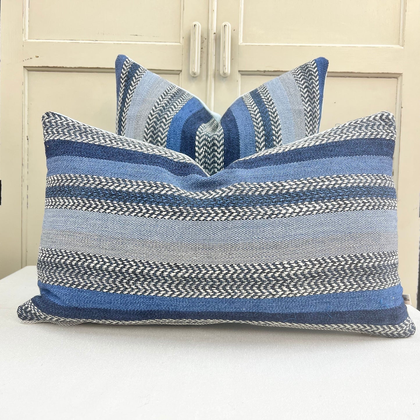 William Yeoward Striped Blue Grey Weave Fabric Cushion Pillow Cover