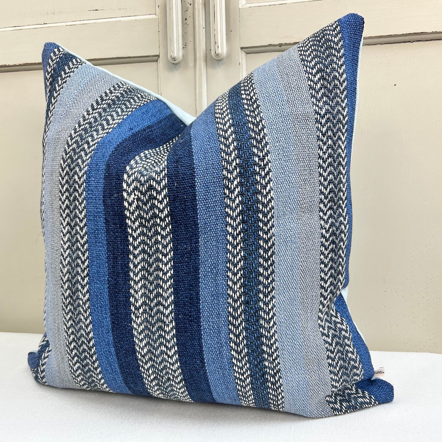 William Yeoward Striped Blue Grey Weave Fabric Cushion Pillow Cover