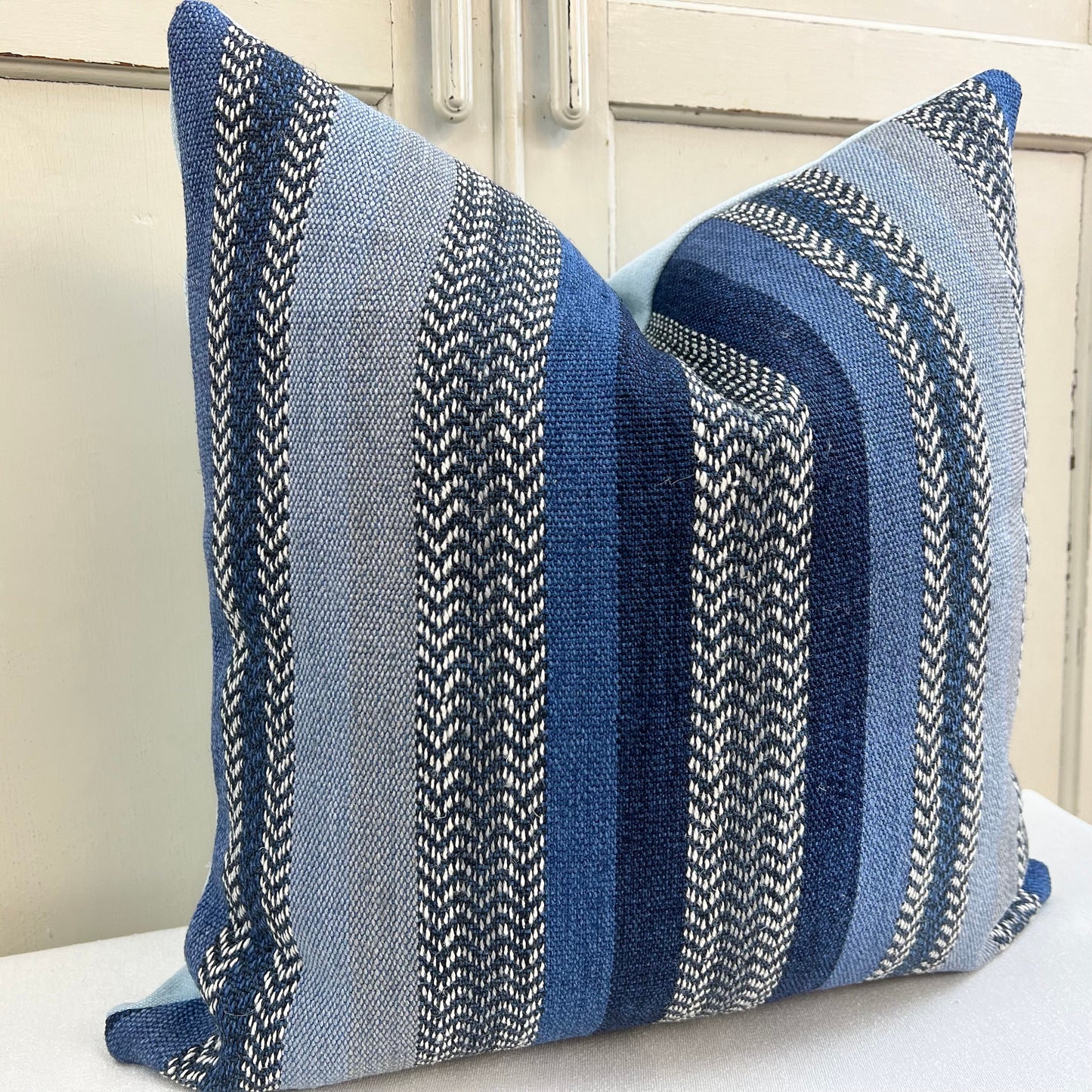William Yeoward Striped Blue Grey Weave Fabric Cushion Pillow Cover