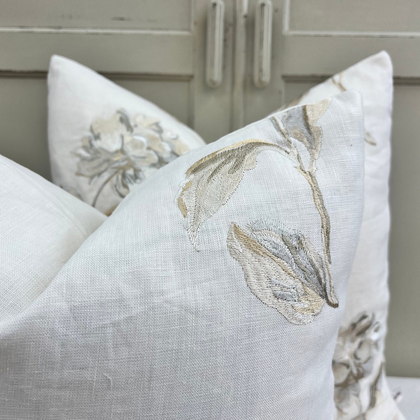 Jane Churchill Luxury Designer Cream Linen Embroidered Floral Fabric Cushion Pillow Cover