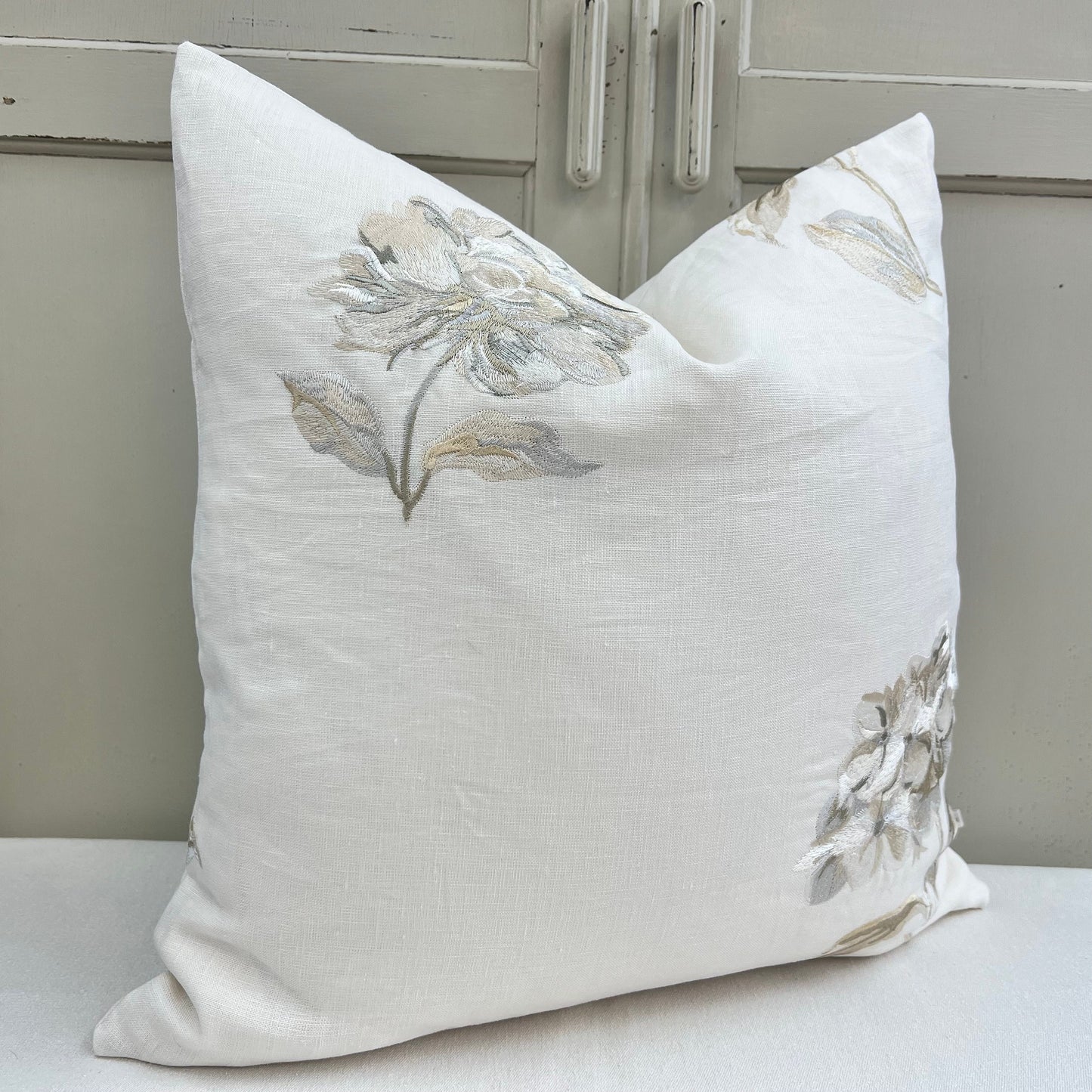 Jane Churchill Luxury Designer Cream Linen Embroidered Floral Fabric Cushion Pillow Cover