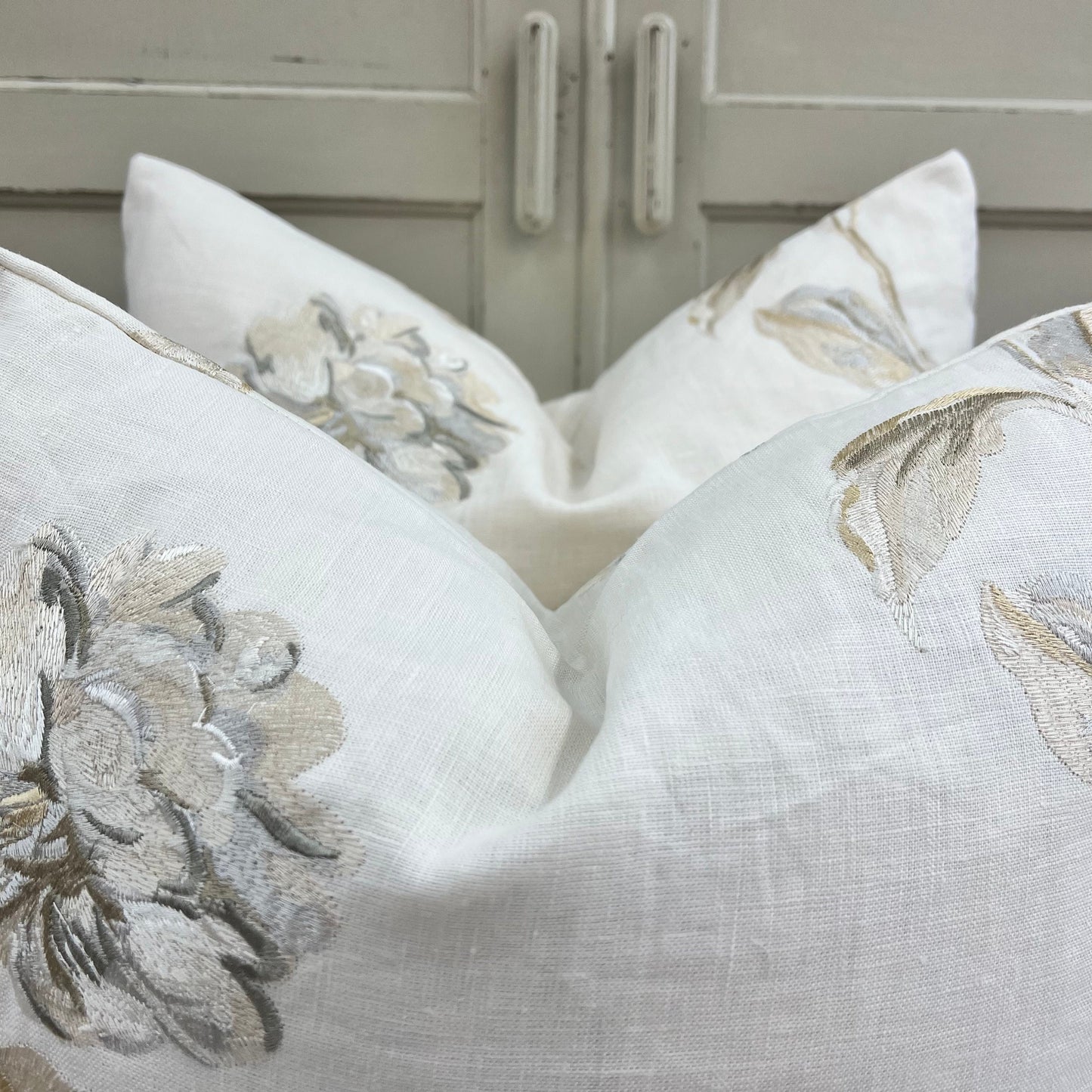 Jane Churchill Luxury Designer Cream Linen Embroidered Floral Fabric Cushion Pillow Cover