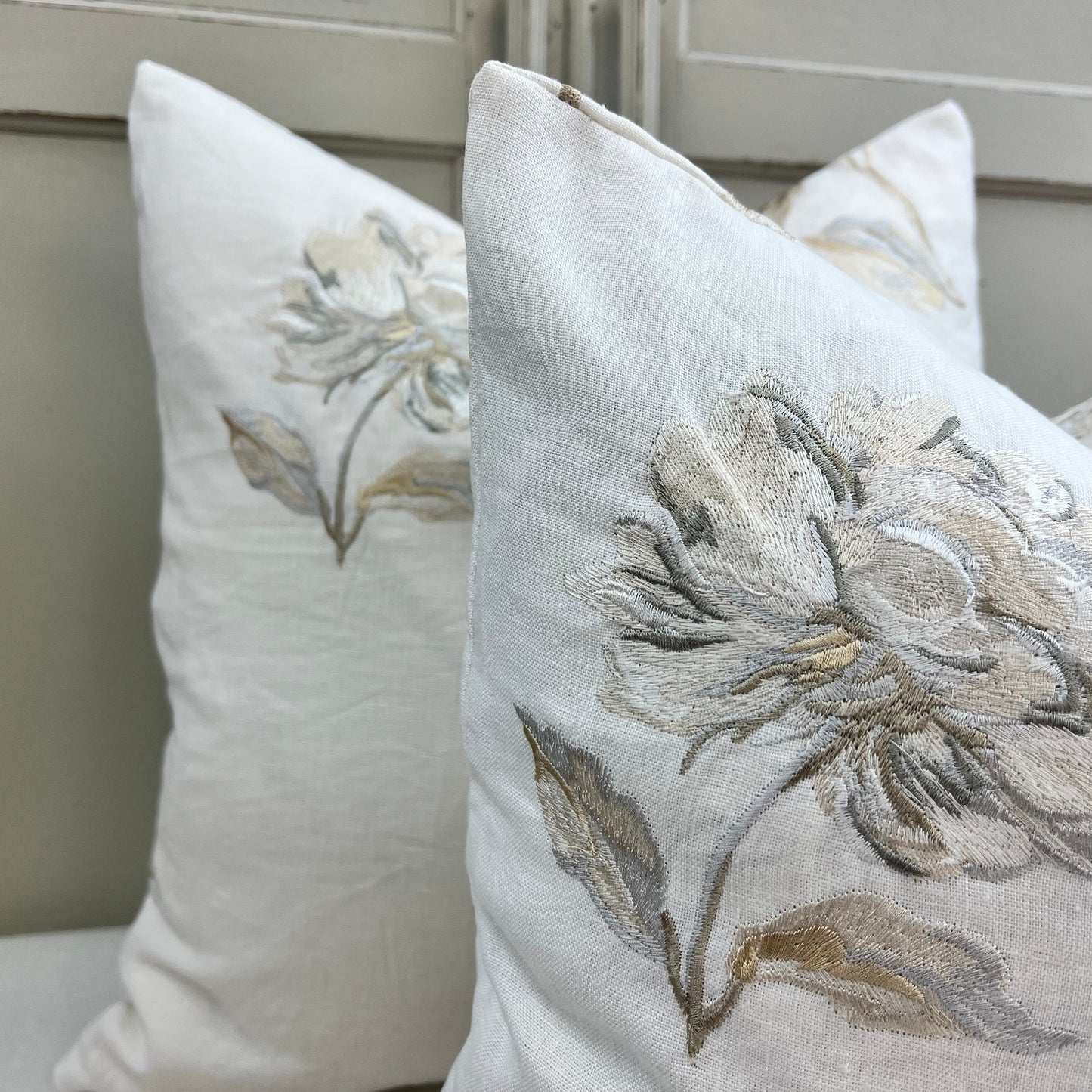 Jane Churchill Luxury Designer Cream Linen Embroidered Floral Fabric Cushion Pillow Cover