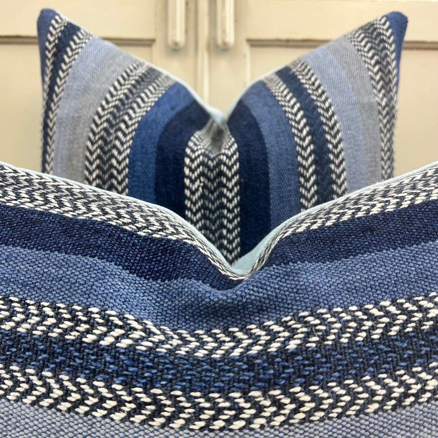 William Yeoward Striped Blue Grey Weave Fabric Cushion Pillow Cover