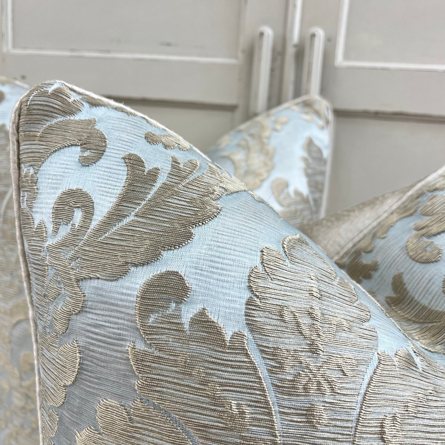 Colefax and Fowler Luxury Designer Cantinella Duck Egg and Gold Brocade Cushion Sofa Throw Pillow