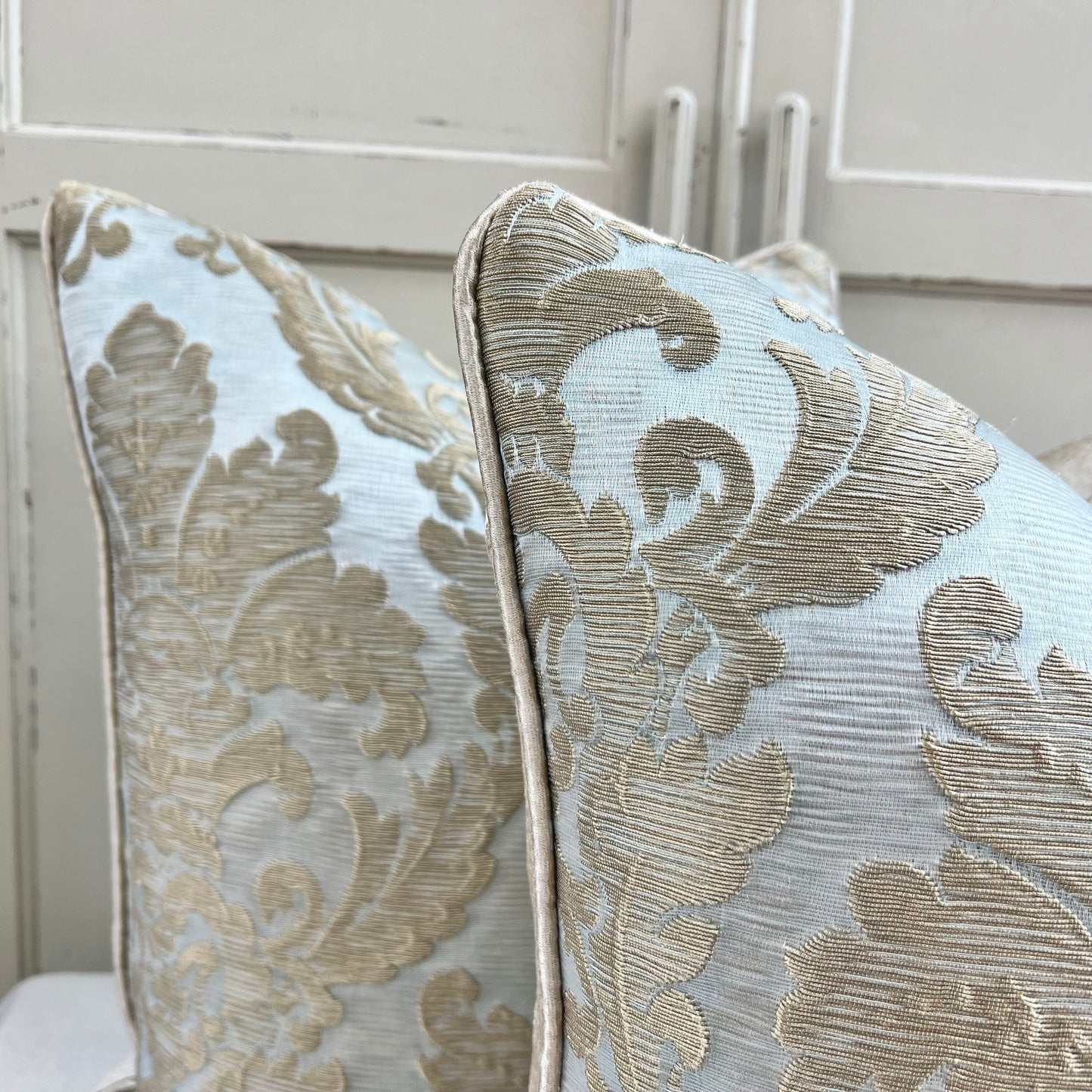 Colefax and Fowler Luxury Designer Cantinella Duck Egg and Gold Brocade Cushion Sofa Throw Pillow
