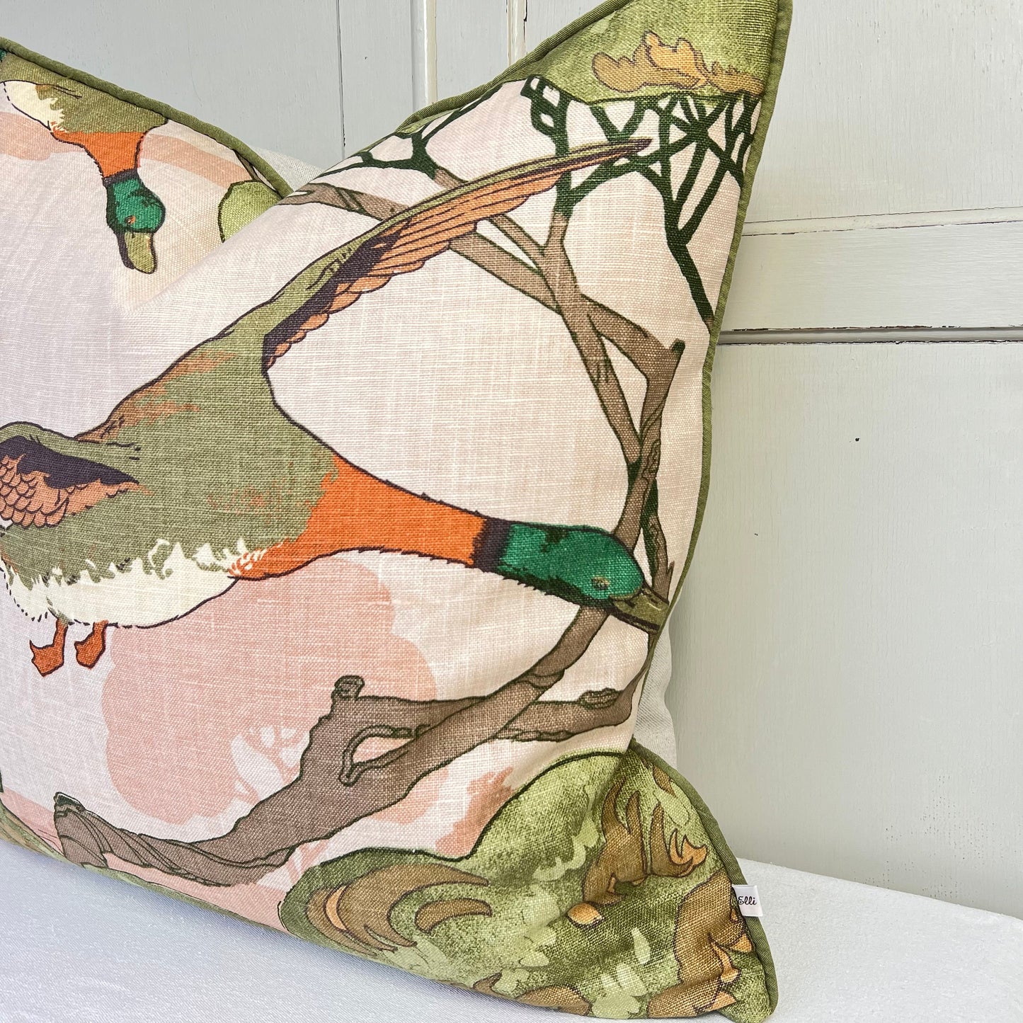 Mulberry Flying Ducks Plaster Green Orange Linen Luxury Designer Cushion Pillow Cover