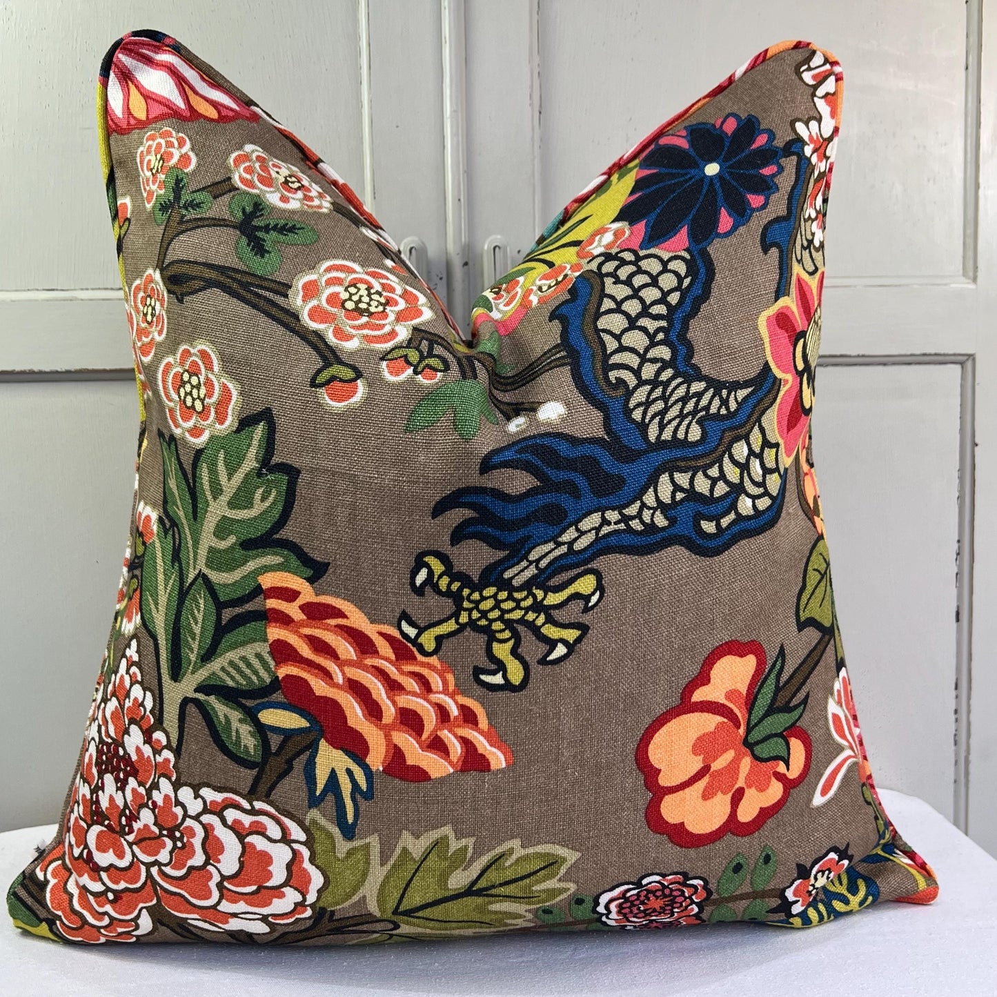Schumacher Chaing Mai Dragon Double Sided Mocha Cushion Sofa Throw Pillow Cover