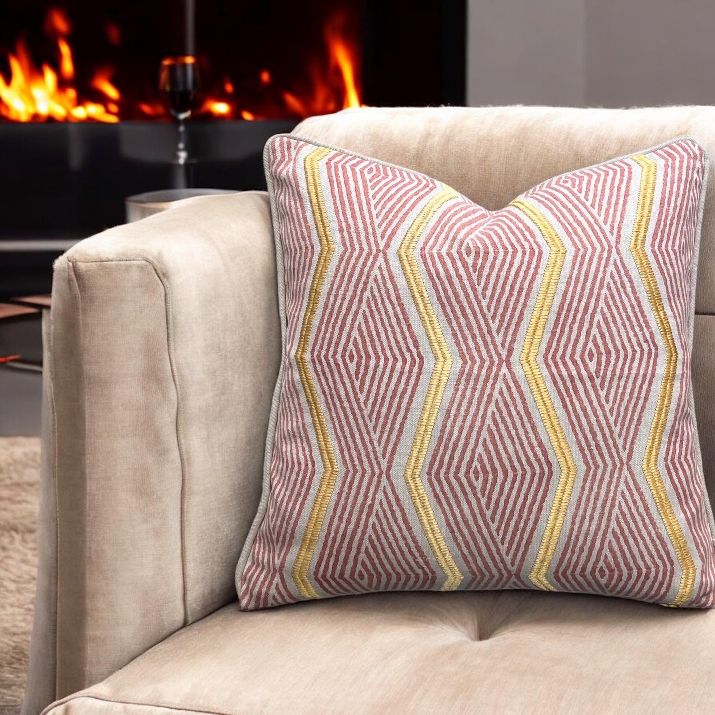Jane Churchill Zhiri Embroidered Zig Zag Coral Gold Contemporary Cushion Cover