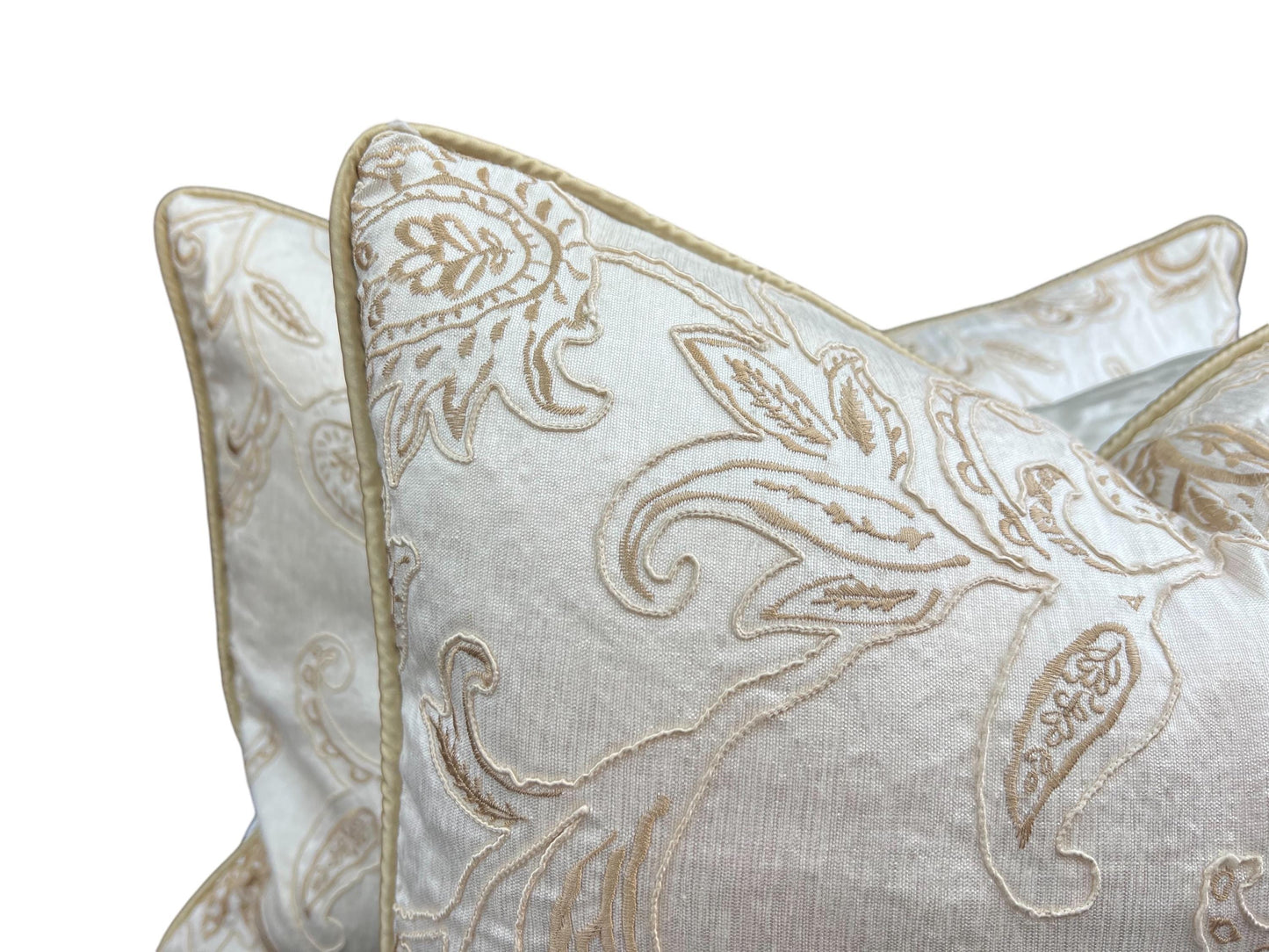 A Pair of James Hare Luxury Designer Cushion Cover Ambi Silk Cream Gold Embroidered Fabric