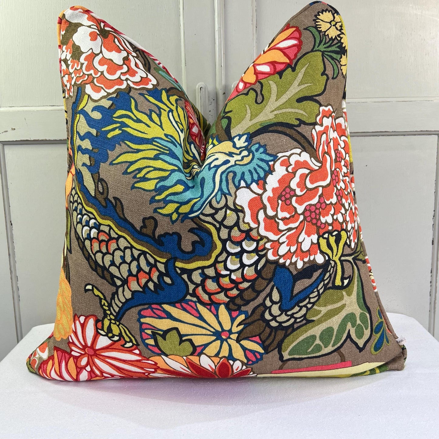 Schumacher Chaing Mai Dragon Double Sided Mocha Cushion Sofa Throw Pillow Cover