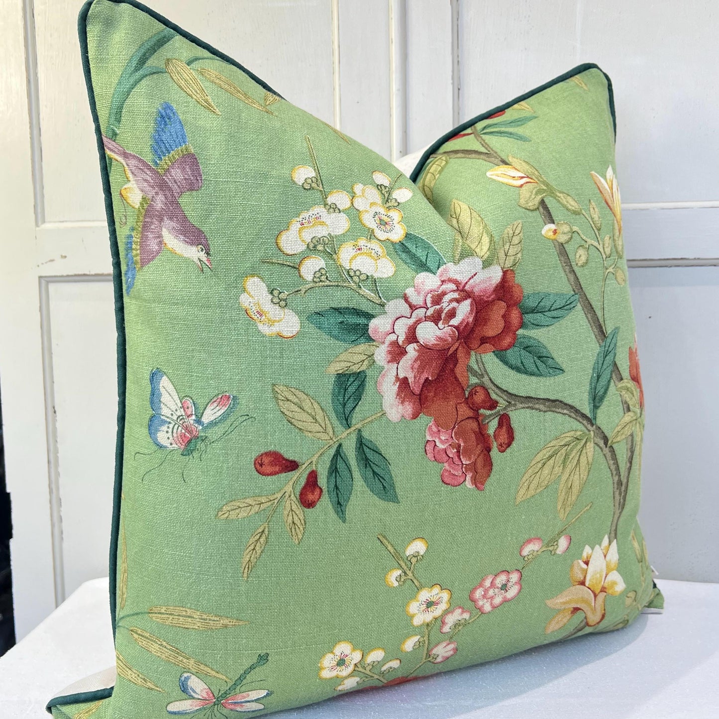 GP & J Baker Peony and Blossom Luxury Designer Green Red Cushion Pillow Cover