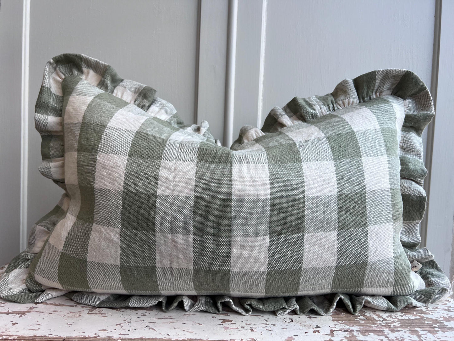 Cushions Made Linen Cotton Luxury Designer Pale Green Check Cushion Pillow Throw Cover Green Ruffle Frill