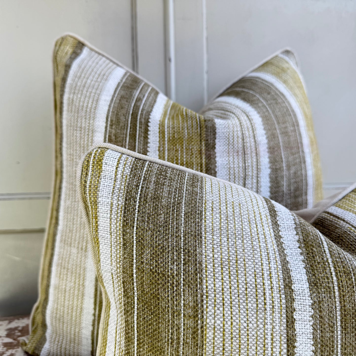 Fermoie Carskiey Broad Stripe Designer Olive Green Linen Cushion Pillow Cover
