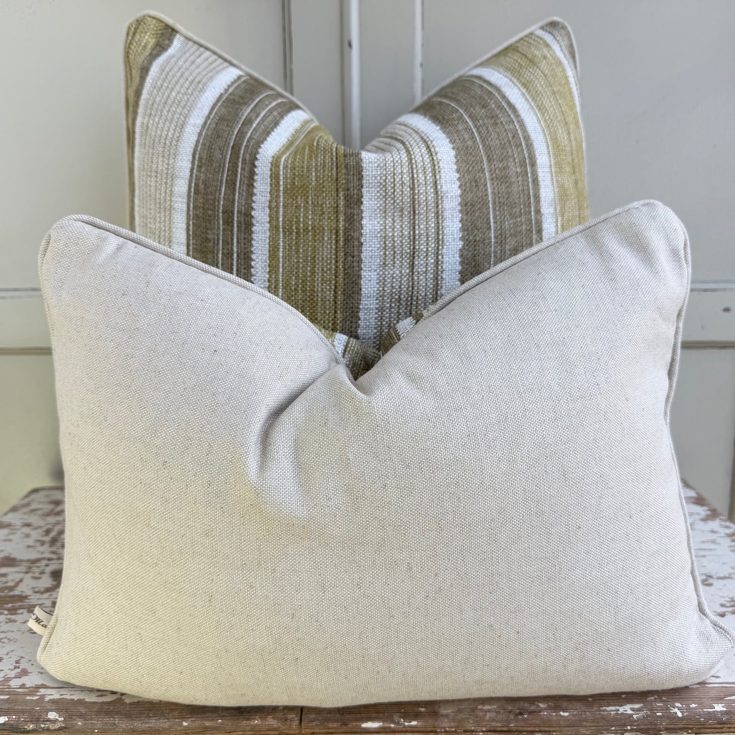 Fermoie Carskiey Broad Stripe Designer Olive Green Linen Cushion Pillow Cover