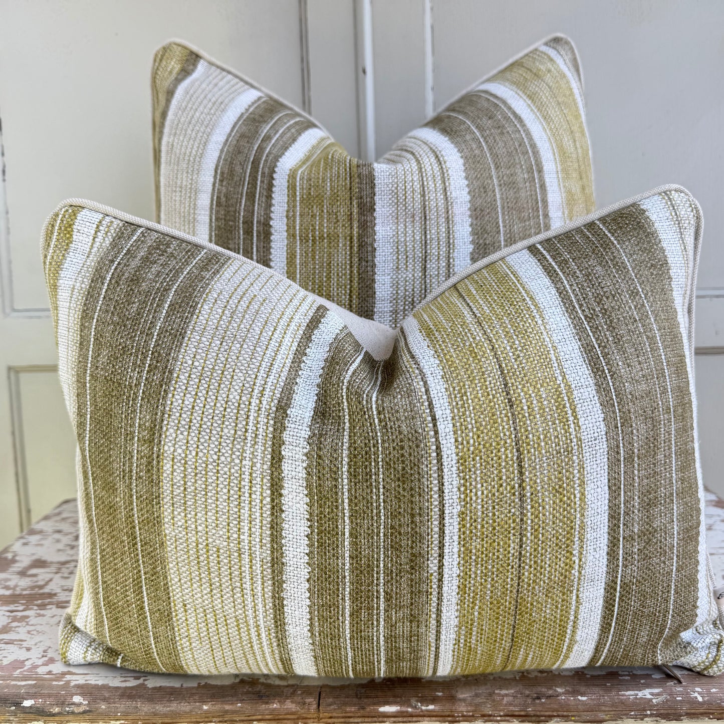 Fermoie Carskiey Broad Stripe Designer Olive Green Linen Cushion Pillow Cover