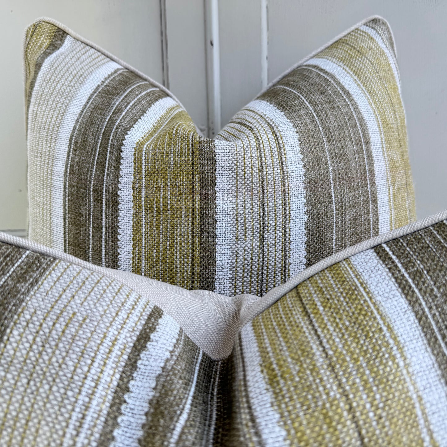 Fermoie Carskiey Broad Stripe Designer Olive Green Linen Cushion Pillow Cover