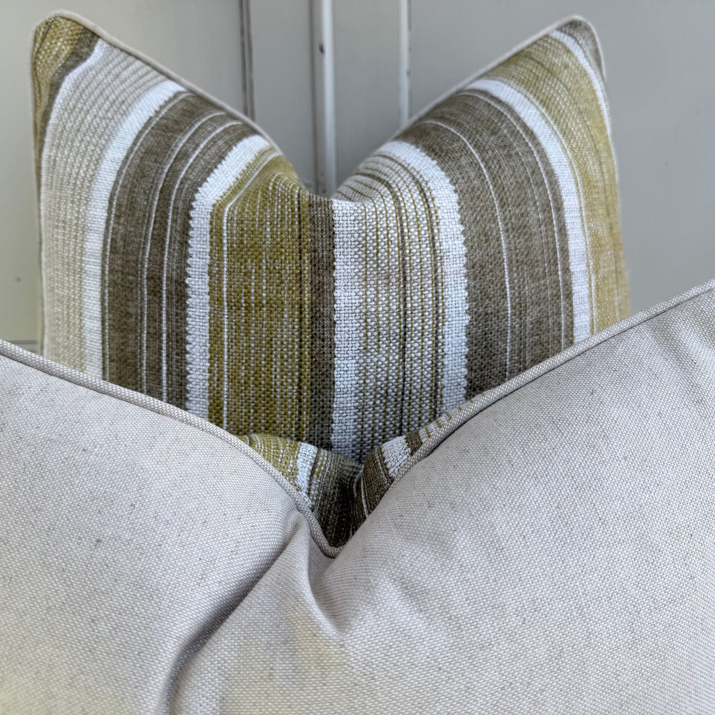 Fermoie Carskiey Broad Stripe Designer Olive Green Linen Cushion Pillow Cover