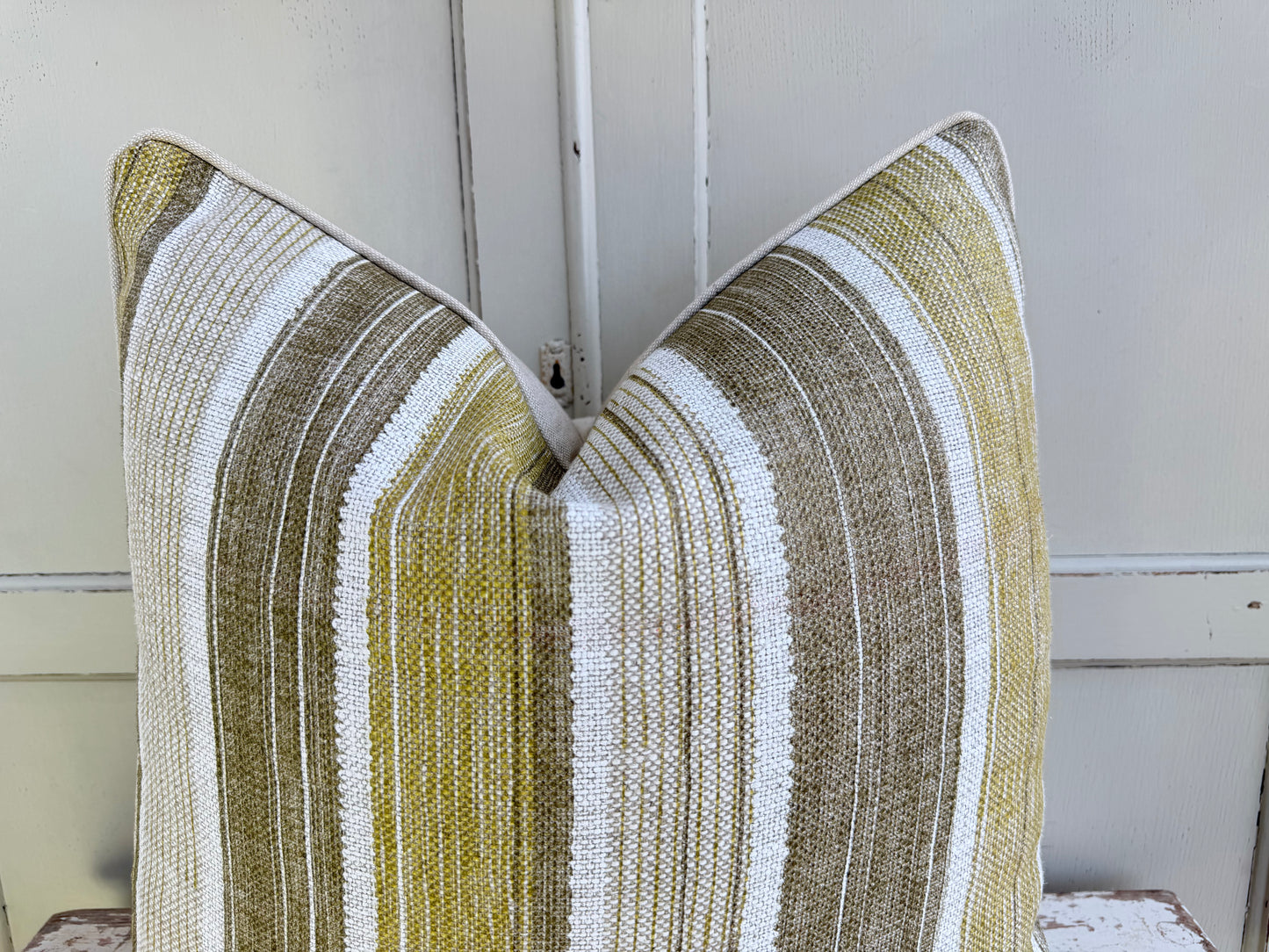 Fermoie Carskiey Broad Stripe Designer Olive Green Linen Cushion Pillow Cover