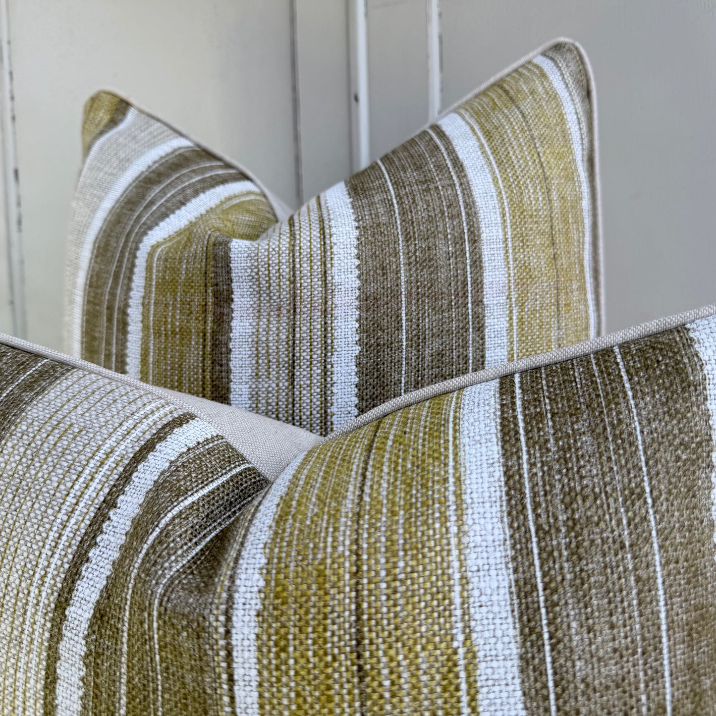Fermoie Carskiey Broad Stripe Designer Olive Green Linen Cushion Pillow Cover