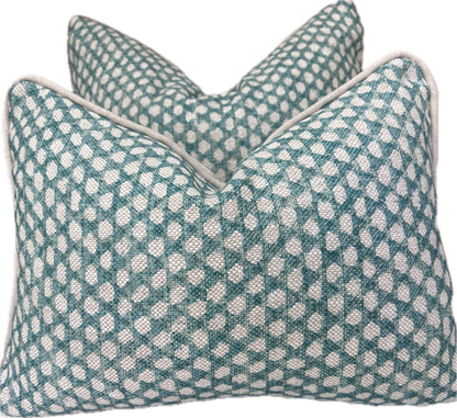 Fermoie Wicker Luxury Designer Decorative Teal Beige Linen Cushion Pillow Throw Cover