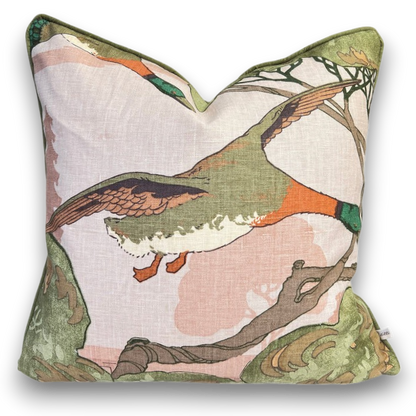 Mulberry Flying Ducks Plaster Green Orange Linen Luxury Designer Cushion Pillow Cover