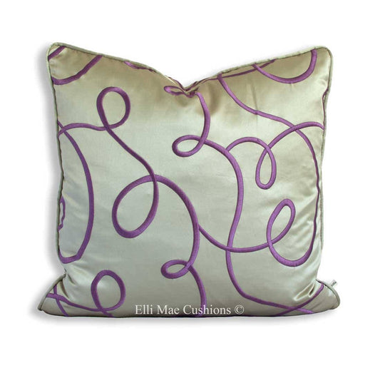 Luxury Designer Piped Satin Embroidered Lilac Decorative Scroll Scatter Throw Cushion Pillow Cover