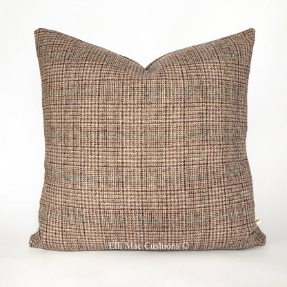 Luxury Designer Checked Mauve Burgundy Wool Cushion Sofa Throw Pillow