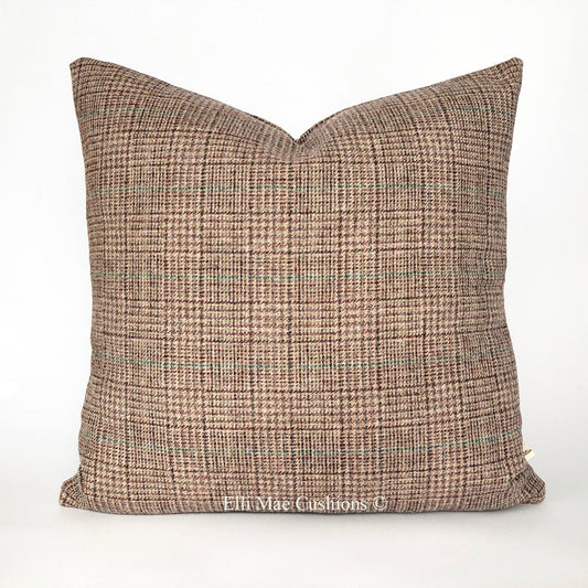 Luxury Designer Checked Mauve Burgundy Wool Cushion Sofa Throw Pillow