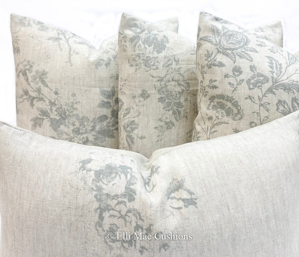 Cabbages and Roses Paris Rose Designer Fabric Blue Linen Cushion Pillow Cover